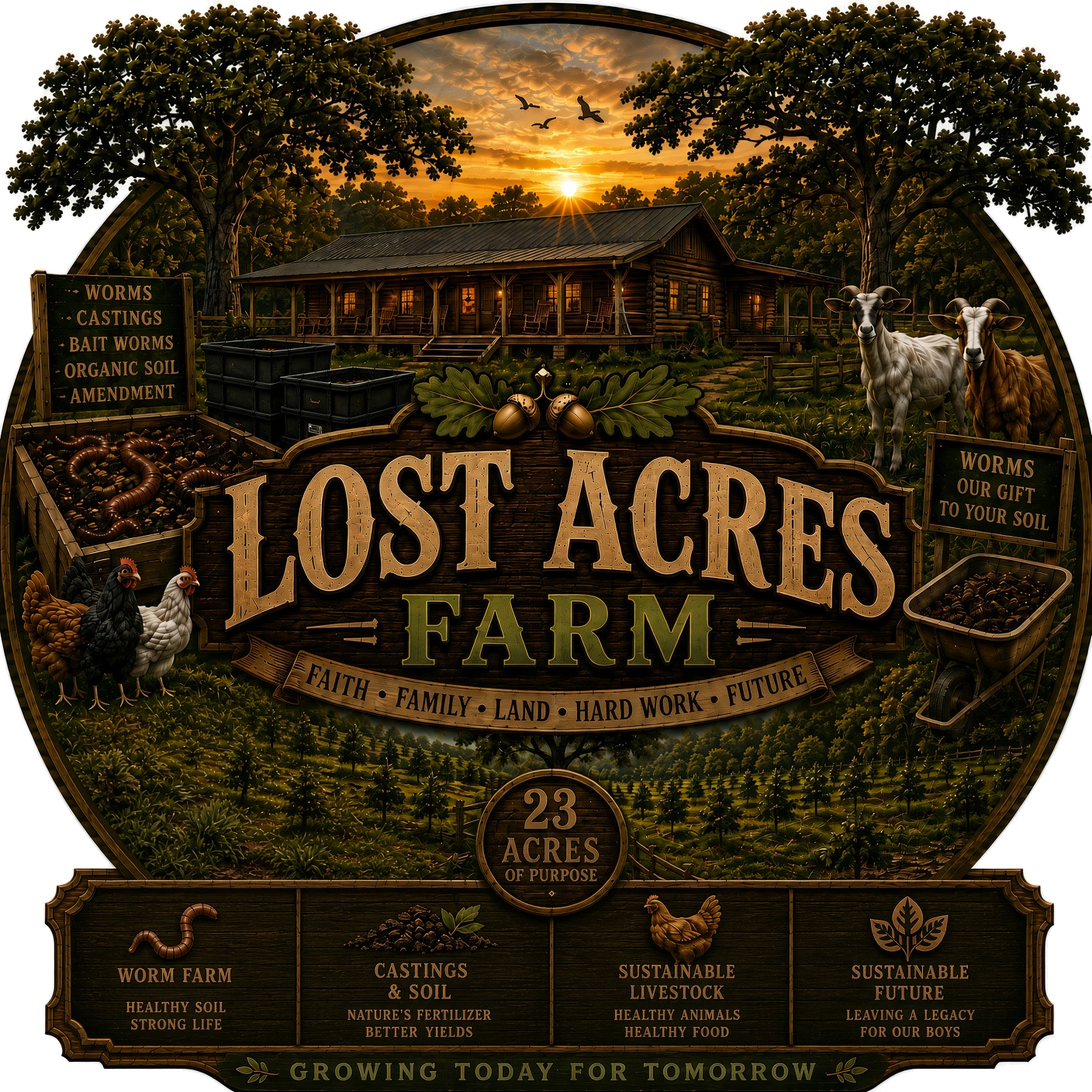 Lost Acres Farm. Log house at sunset, goats, chickens, and worm beds. Faith, family, land, hard work, future. 23 acres.